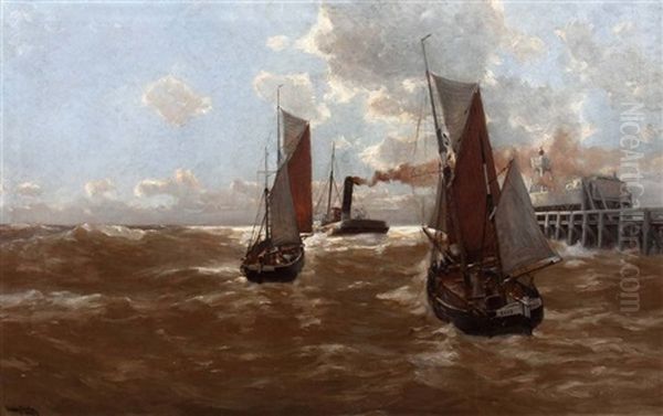 Ein Dampfsegler Und Zwei Segelschiffe Vor Einer Hafenmole Oil Painting by Erwin Carl Wilhelm Guenther