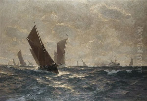 Fischerflotte Nahe Eines Dampfers In Der Nordsee Oil Painting by Erwin Carl Wilhelm Guenther