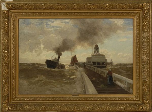 Steam Vessel Off An Ocean Pier Oil Painting by Erwin Carl Wilhelm Guenther