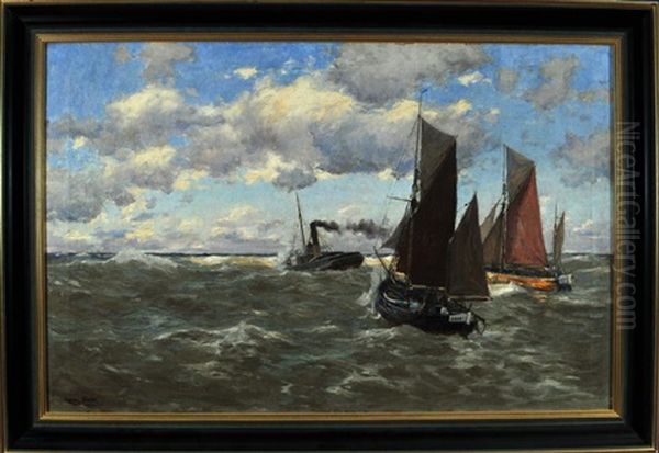 Ein Schlepper Mit Segelschiffen Auf See Oil Painting by Erwin Carl Wilhelm Guenther