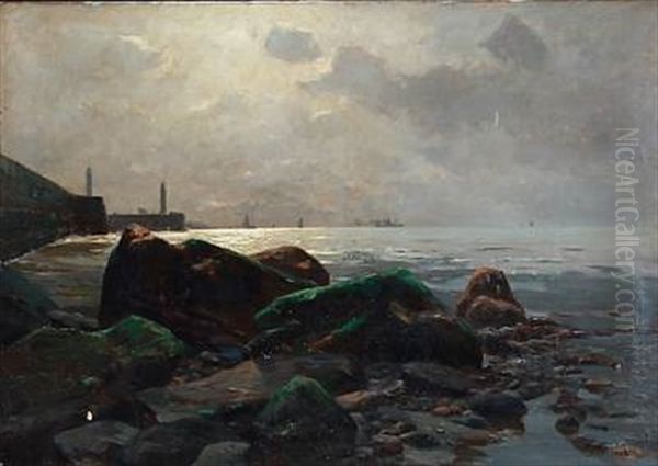 Coastal Scene With A View To A Harbour Oil Painting by Erwin Carl Wilhelm Guenther