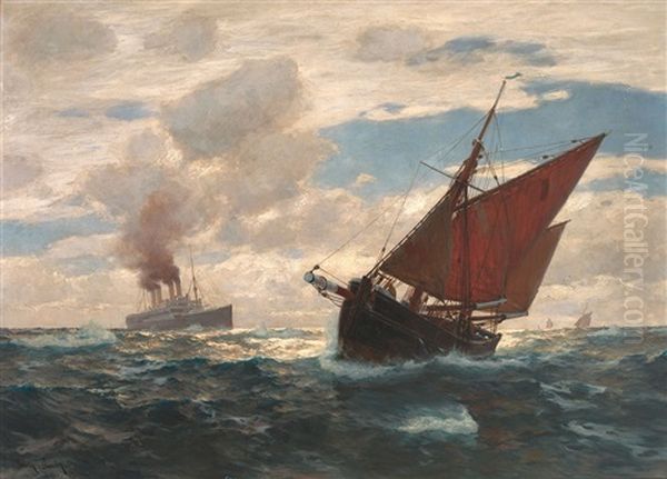 Marine Mit Segelkutter Und Grosem Dampfschiff Oil Painting by Erwin Carl Wilhelm Guenther