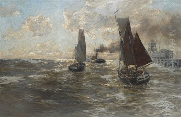 Cutters And Tugboat In The North Sea Oil Painting by Erwin Carl Wilhelm Guenther