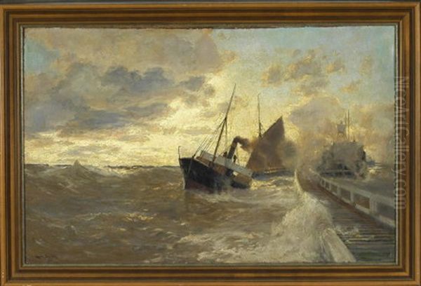 Im Sturm Schwankende Schiffe An Der Mole Oil Painting by Erwin Carl Wilhelm Guenther