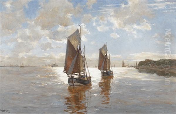 Segelschiffe In Norddeutscher Bucht Oil Painting by Erwin Carl Wilhelm Guenther