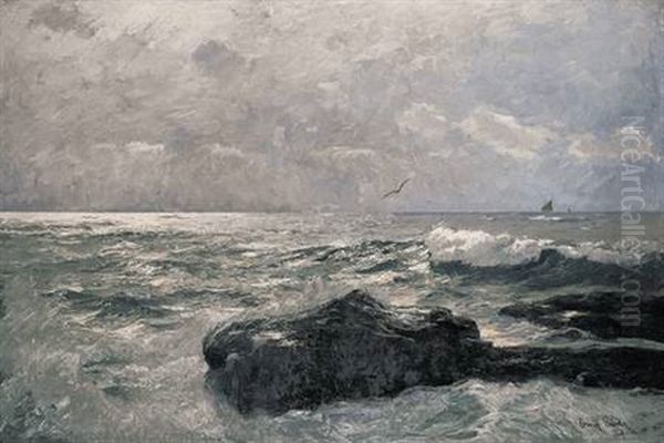 Besonntes Uferstuck Mit Fels, Segelbooten Und Mowen Oil Painting by Erwin Carl Wilhelm Guenther