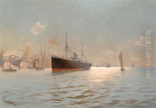 Harbour View Near Hamburg Oil Painting by Erwin Carl Wilhelm Guenther