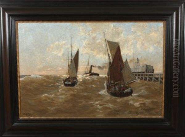 Nautical Scene With Fishing Vessel Embarking Oil Painting by Erwin Carl Wilhelm Guenther