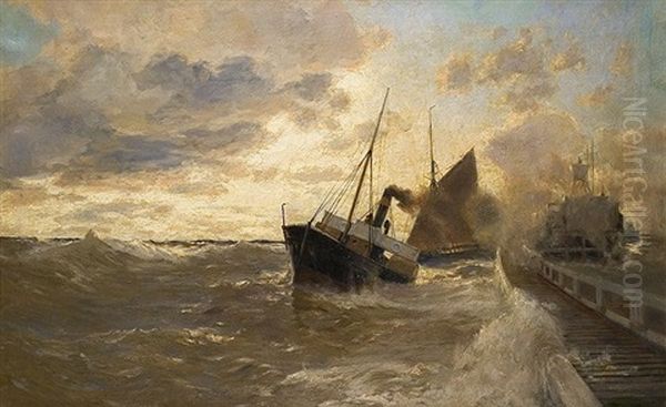 Dampfschiff An Der Mole Oil Painting by Erwin Carl Wilhelm Guenther