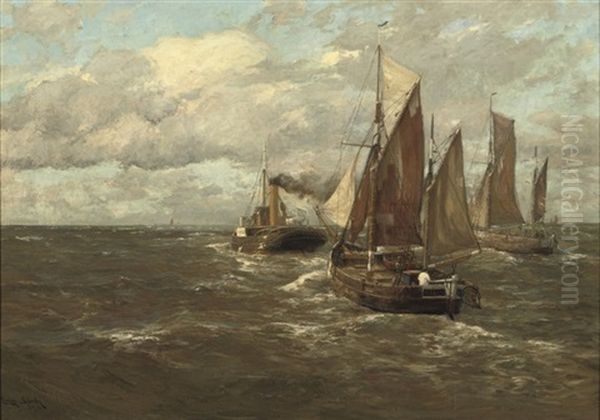 Boats In Open Water Oil Painting by Erwin Carl Wilhelm Guenther