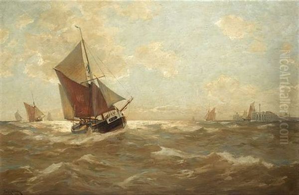 Segelboote In Bewegter See Bei Der Anfahrt An Einen Landungssteg Oil Painting by Erwin Carl Wilhelm Guenther