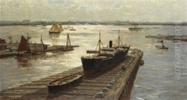 Weitraumige Hafenlandschaft Mit Trockendock Oil Painting by Erwin Carl Wilhelm Guenther