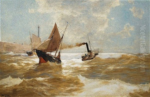 Raddampfer Und Fischerboote Vor Der Pier Oil Painting by Erwin Carl Wilhelm Guenther