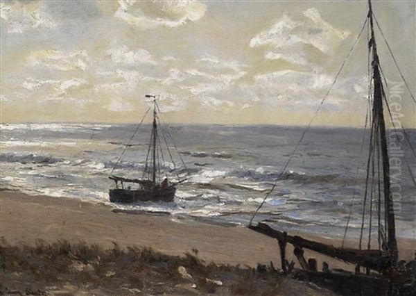 Aufliegende Segler Am Strand Oil Painting by Erwin Carl Wilhelm Guenther