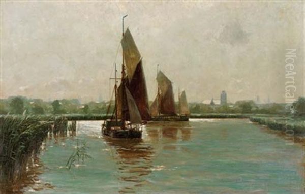 Sailing In A Riverlandscape Oil Painting by Erwin Carl Wilhelm Guenther