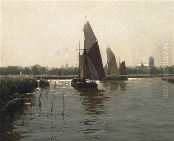 Dordrecht. Zwei Lastensegler Auf Einem Kanal Oil Painting by Erwin Carl Wilhelm Guenther