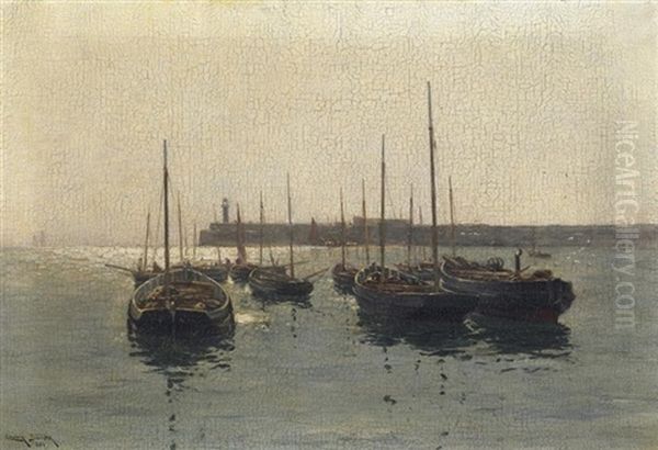 Im Hafen. Ankernde Fischerboote Im Abendlicht Oil Painting by Erwin Carl Wilhelm Guenther