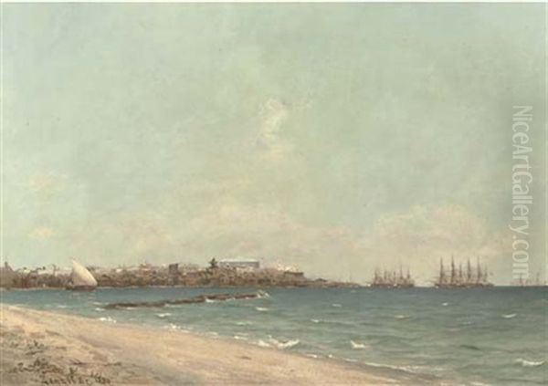 Zanzibar - On The Beach With Stone Town In The Distance Oil Painting by Erwin Carl Wilhelm Guenther