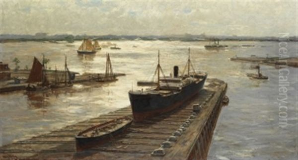 Weitraumige Hafenlandschaft Mit Trockendock Oil Painting by Erwin Carl Wilhelm Guenther