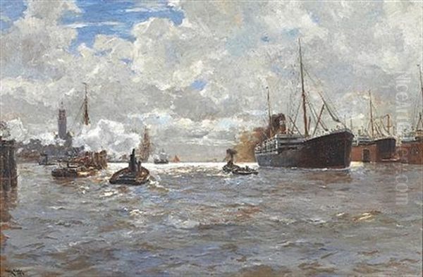 Shipping In Hamburg Harbor Oil Painting by Erwin Carl Wilhelm Guenther