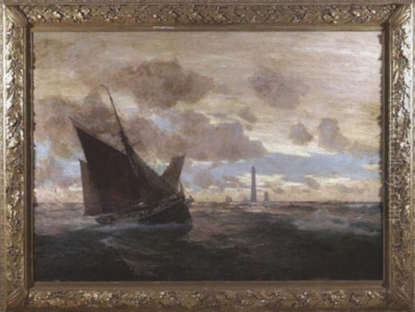 Fischkutter Auf Bewegter See Vor Einem Leuchtturm Oil Painting by Erwin Carl Wilhelm Guenther