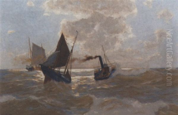 The Towing Vessel At Work Oil Painting by Erwin Carl Wilhelm Guenther