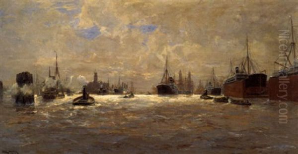 Hamburger Hafen Oil Painting by Erwin Carl Wilhelm Guenther