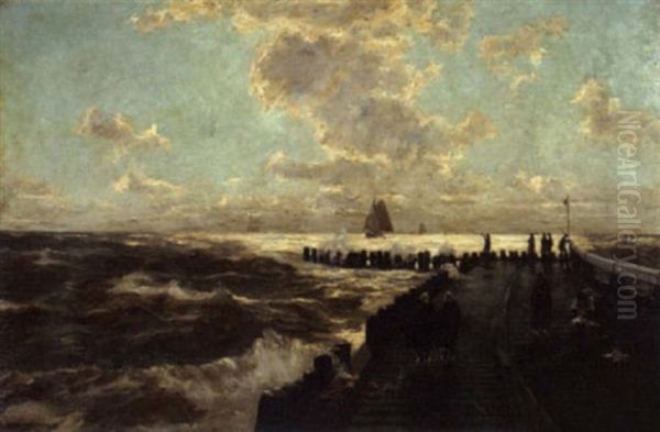 On The Pier In Rough Weather Oil Painting by Erwin Carl Wilhelm Guenther