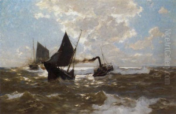 Towing Out Against The Ebb Tide Oil Painting by Erwin Carl Wilhelm Guenther