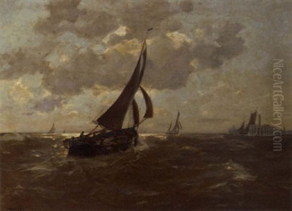 Fishing Vessels Near The Harbour Entrance Of Oostende Oil Painting by Erwin Carl Wilhelm Guenther