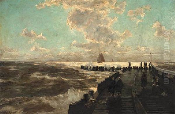 On The Pier In Rough Weather Oil Painting by Erwin Carl Wilhelm Guenther