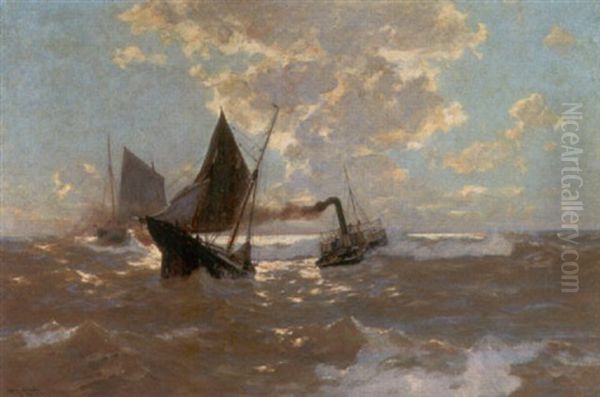 Dampfer Und Segelboote Auf See Oil Painting by Erwin Carl Wilhelm Guenther