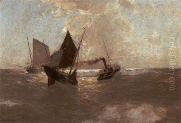 Dampfer Und Segelboote In Bewegter See Oil Painting by Erwin Carl Wilhelm Guenther