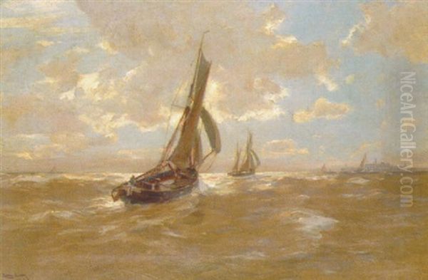 Zwei Segelschiffe Halten Auf Eine Hafeneinfahrt Zu Oil Painting by Erwin Carl Wilhelm Guenther