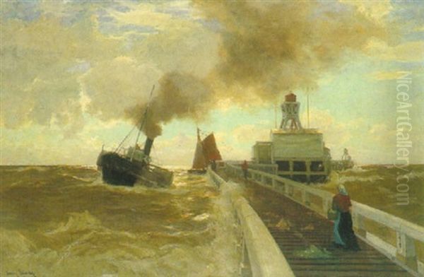 Dampfer Und Fischewer An Einer Langgestreckten Mole (cuxhaven?) Oil Painting by Erwin Carl Wilhelm Guenther