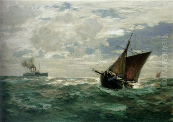 Marine Mit Grosem Passagierschiff, Fischkuttern Und Segelboot Oil Painting by Erwin Carl Wilhelm Guenther