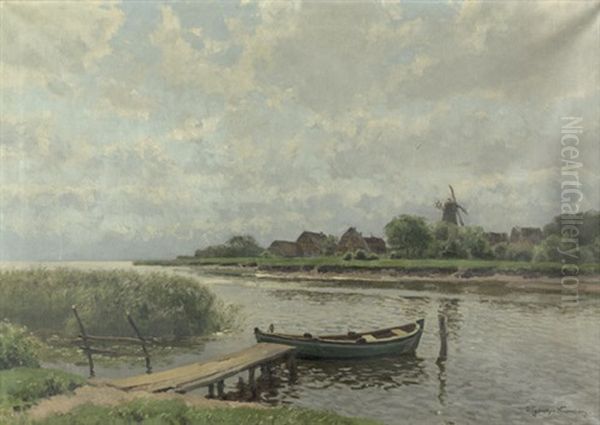 Norddeutsche Flusslandschaft Mit Bootsanleger Und Reethausern, Im Hintergrund Eine Windmuhle Oil Painting by Otto Guenther-Naumburg