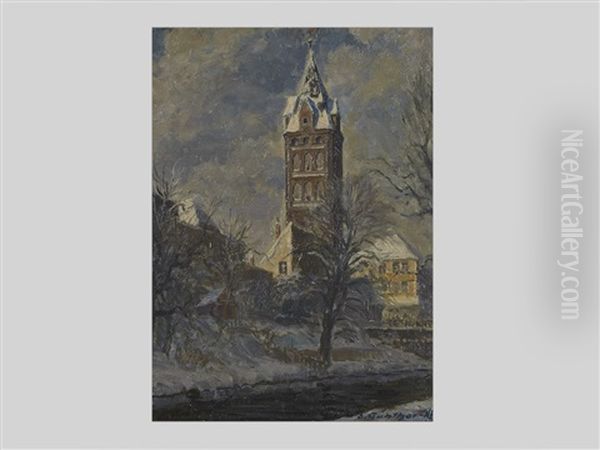 Idyllic Winter Scene Oil Painting by Otto Guenther-Naumburg