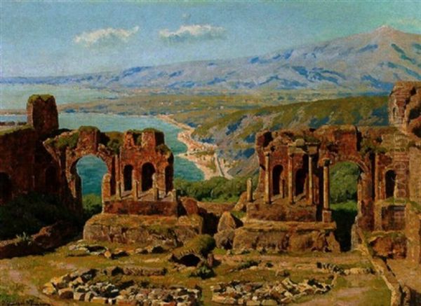 Ruinen Von Taormina Vor Dem Hintergrund Des Atna Oil Painting by Otto Guenther-Naumburg