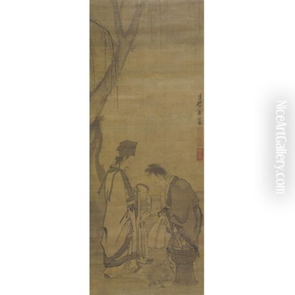 Wang Xizhi Writing Calligraphy On A Fan Oil Painting by  Guo Xu