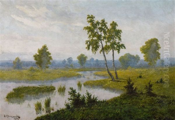 Pejzaz Z Meandrujacym Strumieniem Oil Painting by Jozef Guranowski