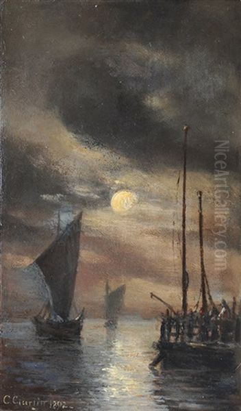 Moonlit Harbour Oil Painting by Cornelius Gurlitt