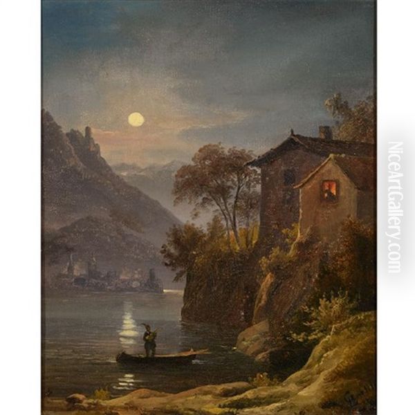 Night Scene, House At The Waters Edge Oil Painting by Ludwig Heinrich Theodor (Louis) Gurlitt