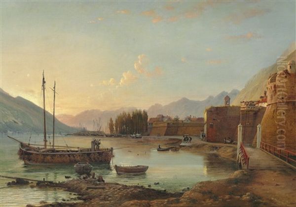 Small Harbour In The Southern Part Of Europe Oil Painting by Ludwig Heinrich Theodor (Louis) Gurlitt