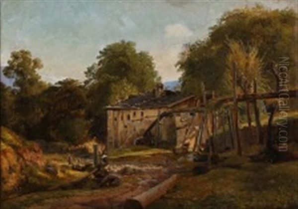 An Old Watermill In The Mountains Oil Painting by Ludwig Heinrich Theodor (Louis) Gurlitt