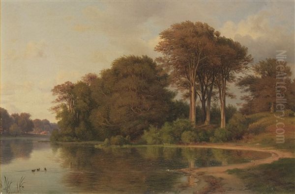 Sommerlandschaft Mit Seeufer Oil Painting by Ludwig Heinrich Theodor (Louis) Gurlitt