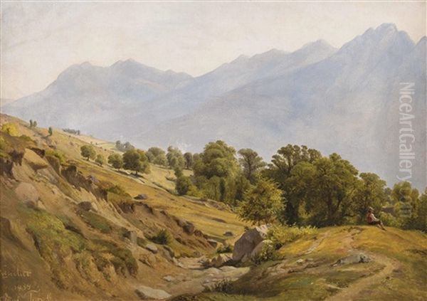 Sudtiroler Gebirgslandschaft Bei Dorf Tirol Mit Ruhendem Wanderbursch Oil Painting by Ludwig Heinrich Theodor (Louis) Gurlitt