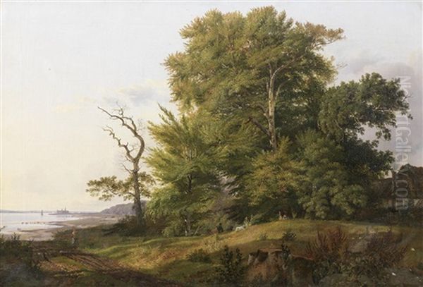 Wooded Landscape With Huntsman And Hounds, A View Of Kronborg Castle Beyond Oil Painting by Ludwig Heinrich Theodor (Louis) Gurlitt