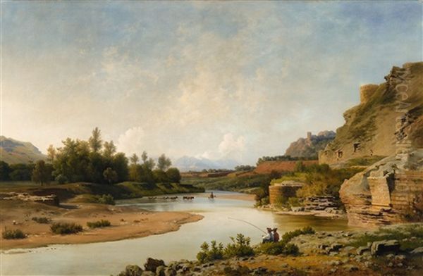 An Italian River Landscape Oil Painting by Ludwig Heinrich Theodor (Louis) Gurlitt