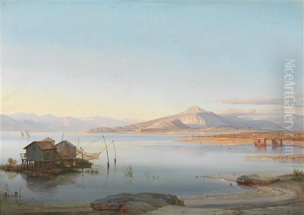 Seelandschaft Mit Fischerhutten Und Fischernetzen Oil Painting by Ludwig Heinrich Theodor (Louis) Gurlitt